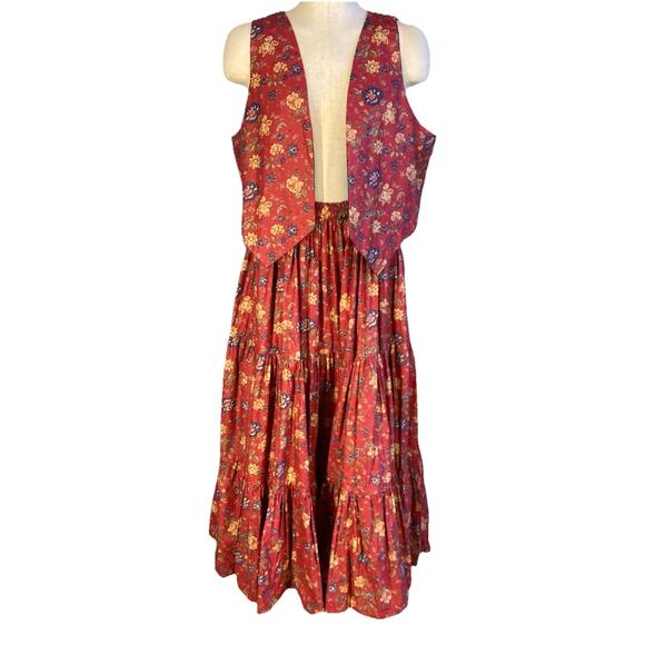 Vintage 70s Hand Made Western Red Calico Print Tiered Prairie Midi Skirt Size OS - Picture 1 of 10